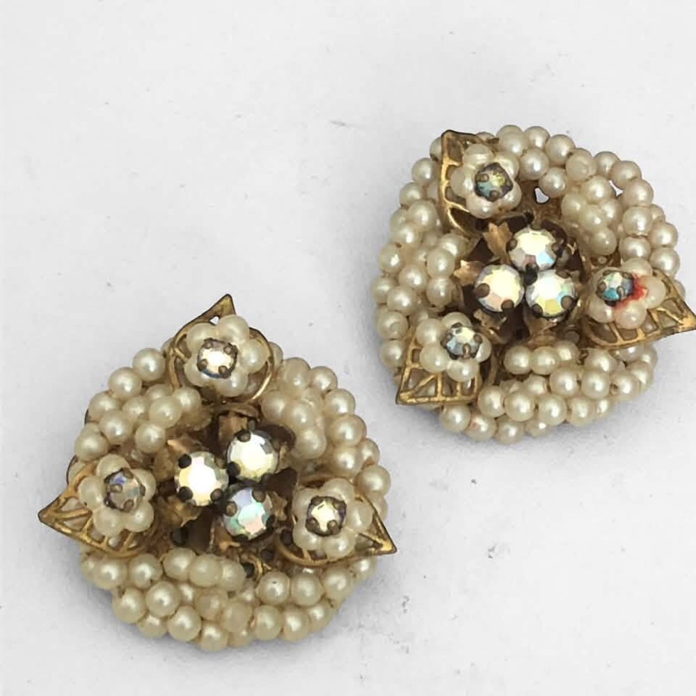 Unsigned Miriam Haskell Seed Pearl AB Crystal Clip-ons